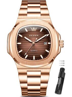 Men's Rose Brown Luxury Stainless Steel Octagon Analog Quartz Waterproof Watch